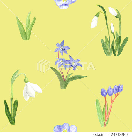 Seamless pattern on yellow background. Watercolor spring first flowers, hand-drawn illustration 124284908