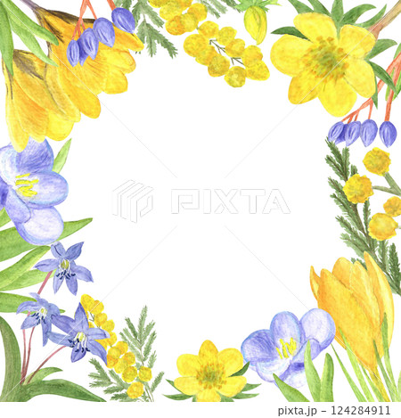 Watercolor spring first flowers, hand-drawn illustration, frame of flowers 124284911
