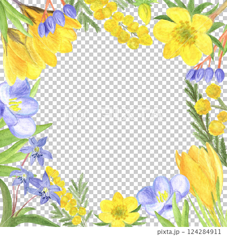 Watercolor spring first flowers, hand-drawn illustration, frame of flowers 124284911