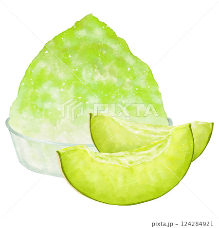 緑のメロンのかき氷とカットメロン2切れのリアルなイラスト素材 緑のメロンのかき氷とカットメロン2切れのリアルなイラスト素材 124284921