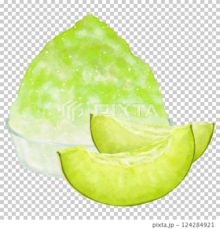 綠瓜刨冰和兩片切好的瓜的逼真插圖 綠瓜刨冰和兩片切好的瓜的逼真插圖 124284921