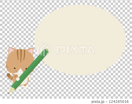 A brown tabby cat with a pencil. With a speech bubble A brown tabby cat with a pencil. With a speech bubble 124285016