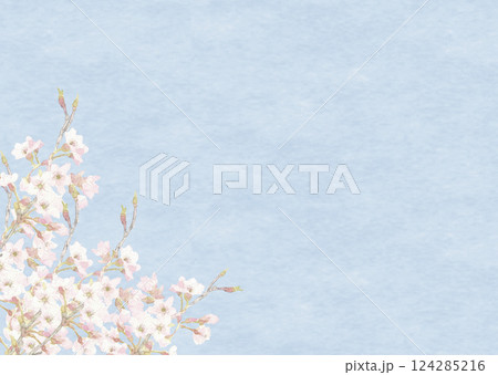 水彩で描いた青空に浮かぶ桜の花の背景 フレーム素材 【手描き】コピースペース 水彩で描いた青空に浮かぶ桜の花の背景 フレーム素材 【手描き】コピースペース 124285216