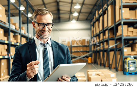 A man stands in a warehouse with a tablet computer, checking inventory statements for the presence of goods. The concept of logistics, supply chain management, and digital inventory control. Generativ 124285260