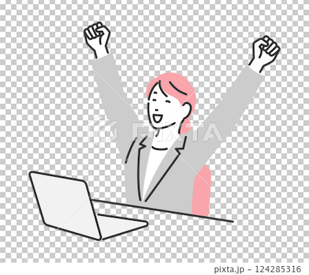 Illustration of a businesswoman cheering in front of a computer Illustration of a businesswoman cheering in front of a computer 124285316
