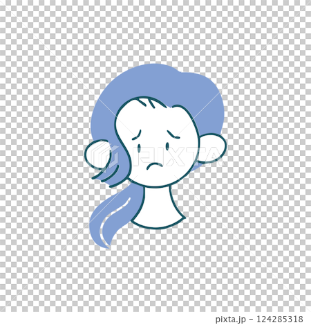 A woman with a troubled face and her hair tied up in a ponytail Simple hand-drawn single illustration 124285318