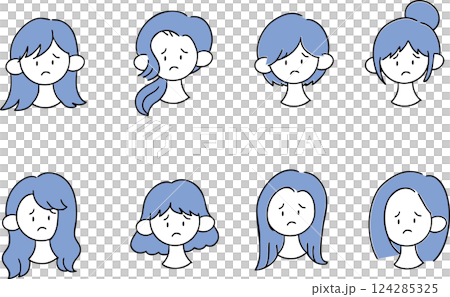 Women with various hairstyles and troubled faces Simple hand-drawn single illustrations Women with various hairstyles and troubled faces Simple hand-drawn single illustrations 124285325