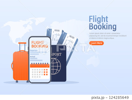 Flyer design for promotion design. Flight tickets online booking illustration landing page. Flat design vector illustration. Travel vector icon. Flyer design for promotion design. Flight tickets online booking illustration landing page. Flat design vector illustration. Travel vector icon. 124285649