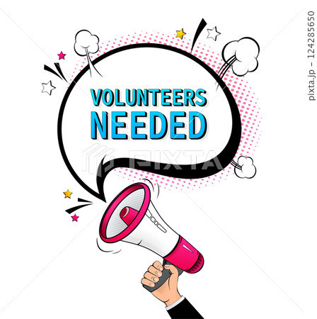 Blue volunteers needed megaphone on white background for flyer design. Vector illustration in pop style Blue volunteers needed megaphone on white background for flyer design. Vector illustration in pop style 124285650