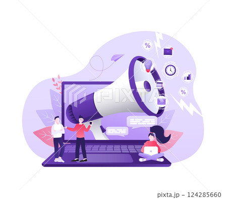 Digital marketing people megaphone in abstract style. Flat vector illustration. Social media marketing. 124285660