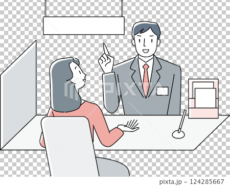 A woman consulting at the counter and a male staff member assisting her 124285667