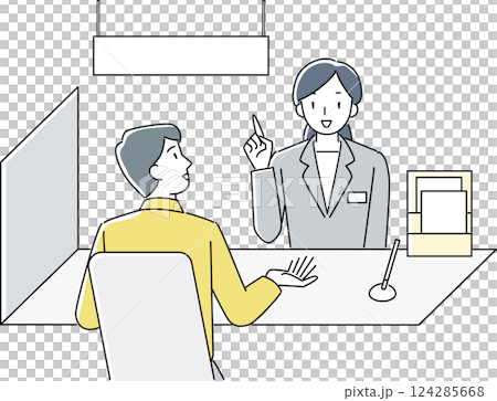 A man consulting at the counter and a female staff member assisting him 124285668