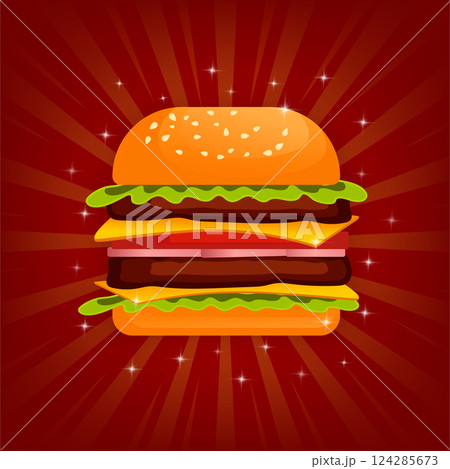 Burger in cartoon style. Closeup for promotion design. Abstract background. Logo design. Fast food. Burger in cartoon style. Closeup for promotion design. Abstract background. Logo design. Fast food. 124285673