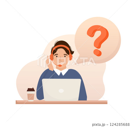 Call center, hotline flat vector illustrations. Smiling office workers with headsets cartoon characters. Character with headphones and microphone with laptop. 124285688