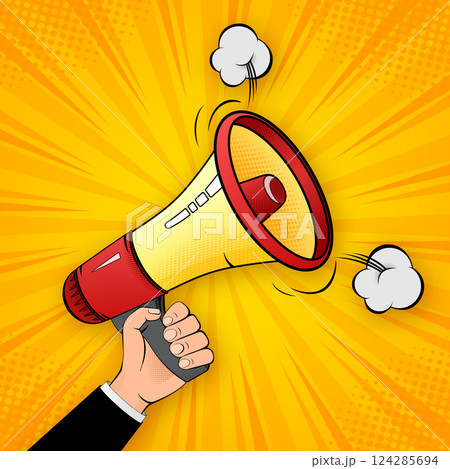 Pop style banner with megaphone on yellow background. Art collage banner. Vector background 124285694
