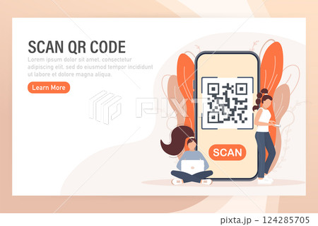 Scan qr code people, great design for any purposes. 3d vector background. Flat design. Vector character illustration. 124285705