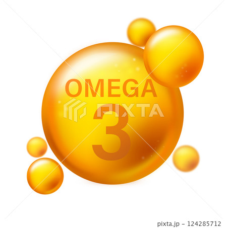 Omega 3. Vitamin drop, fish oil capsule, gold essence organic nutrition. Pill capcule. Vector illustration on white isolated background 124285712