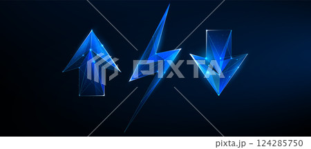 Futuristic Polygonal Up Arrow, Lightning Bolt, and Down Arrow Icons 124285750