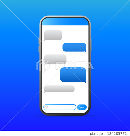 Smartphone with blue Message bubbles icons for chat. Vector message bubbles design template. 124285771