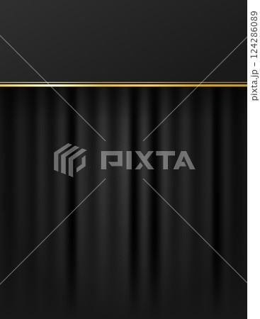Black draped curtain background for photography, theater, vip interior, concert, fashion shows, events, gothic or modern home decor, exhibition booths. Vector with empty copy space 124286089