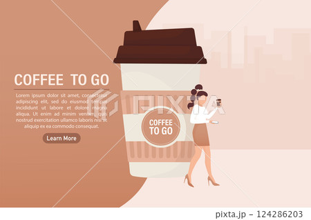 Flat illustration with coffee to go people. Cartoon people illustration. Characters with drink in paper cup. Shop, drink, coffee to go concept. 124286203