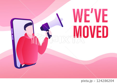 Template with we have moved man holding megaphone on white background for flyer design. Vector illustration in flat style. 124286204