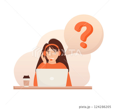 Call center, hotline flat vector illustrations. Smiling office workers with headsets cartoon characters. Character with headphones and microphone with laptop. 124286205