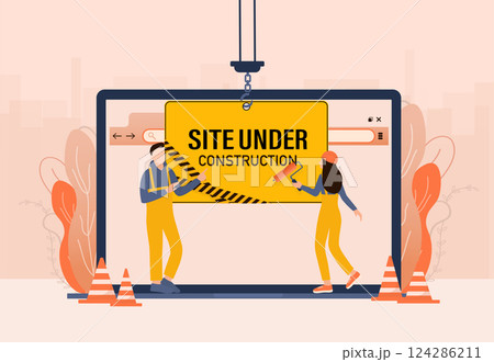 Flat under construction with people for web site design. Minimal design. Technology concept. Flat business template. 124286211