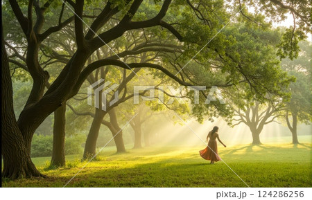 sunlit summer park with green trees woman in dress walking morning mist nature sunlight grass beauty peaceful landscape dreamy romantic fantasy sunlit summer park with green trees woman in dress walking morning mist nature sunlight grass beauty peaceful landscape dreamy romantic fantasy 124286256