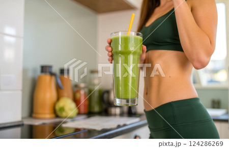Fit woman holding large green smoothie in kitchen, healthy detox drink, fresh vegetable juice, clean eating, slim body, active lifestyle, weight loss, proper nutrition, energy boost 124286269