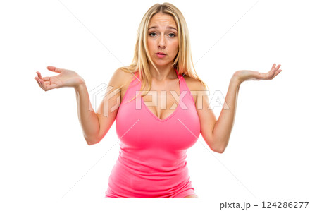 Blonde woman in pink dress looking confused, raising hands, questioning gesture, puzzled expression, uncertain mood, isolated, emotional face, unsure Blonde woman in pink dress looking confused, raising hands, questioning gesture, puzzled expression, uncertain mood, isolated, emotional face, unsure 124286277