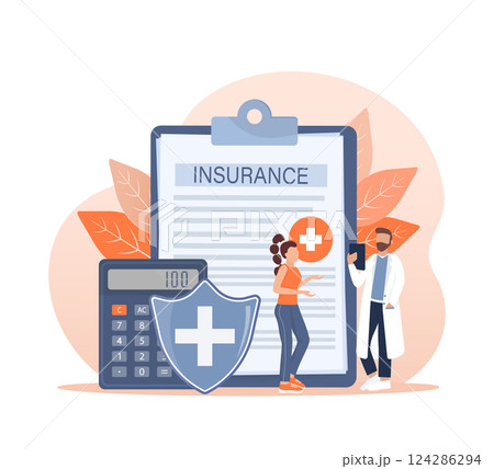 Vector illustration with health insurance concept. Big clipboard with doctor and woman. Healthcare, finance and medical service. Vector illustration in flat style. 124286294