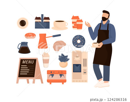 Flat character coffee shop barista. Vector illustration flat design. Vector infographic illustration. Cartoon male barista or waiter standing near menu board. Flat character coffee shop barista. Vector illustration flat design. Vector infographic illustration. Cartoon male barista or waiter standing near menu board. 124286316