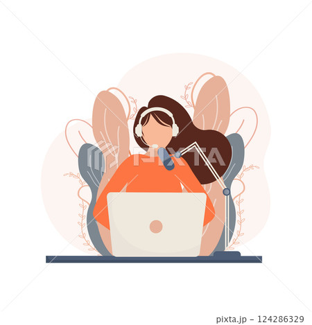 Live webcast in flat style with people. Listen to podcast. Flat illustration. Vector illustration. 124286329