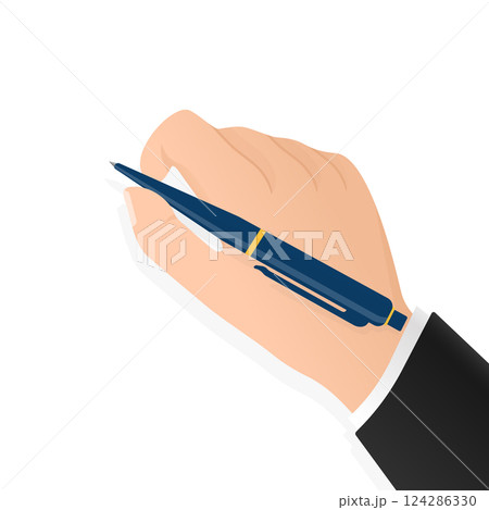 Flat signature hand with pen for paper design. Isolated flat vector illustration. 124286330