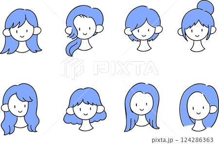 笑顔の様々な髪型の女性たち　シンプルな手描きイラストセット 124286363