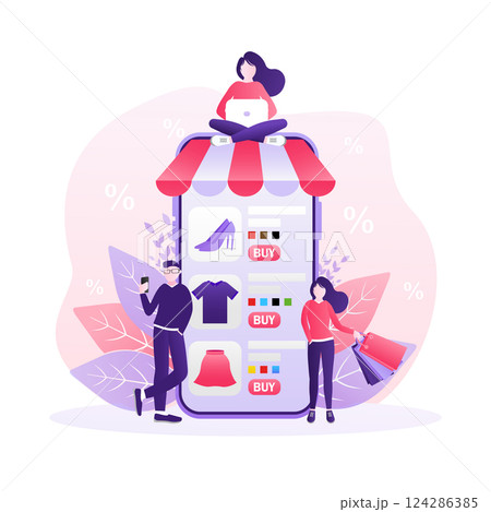 Flat online shopping people smartphone for mobile app design. Flat design. Online delivery phone concept. Flat online shopping people smartphone for mobile app design. Flat design. Online delivery phone concept. 124286385