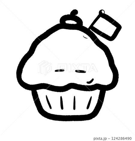 Cute cartoon-style depiction of a smiling cupcake outline doddle, cupcake isolated line art 124286490