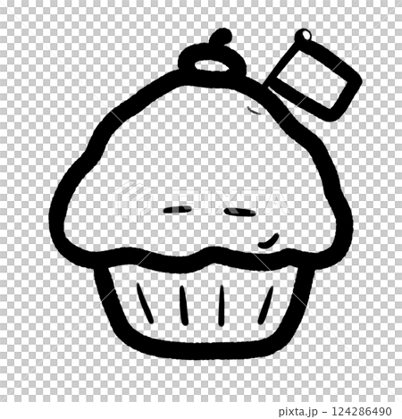 Cute cartoon-style depiction of a smiling cupcake outline doddle, cupcake isolated line art 124286490
