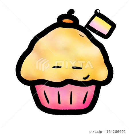 Cute cartoon-style depiction of a cupcake with a pink base and fluffy yellow top, cupcake isolated illustration 124286491