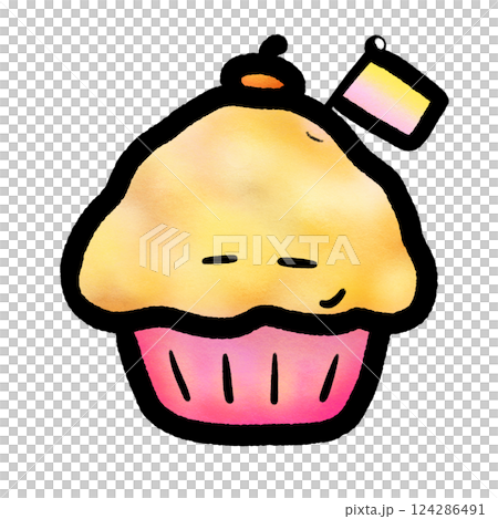 Cute cartoon-style depiction of a cupcake with a pink base and fluffy yellow top, cupcake isolated illustration 124286491