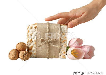 Passover, Hand grabs a matzah bouquet, isolated on white, PNG 124286695