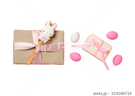 Easter, Spring gifts and pastel eggs, isolated on white, PNG Easter, Spring gifts and pastel eggs, isolated on white, PNG 124286716
