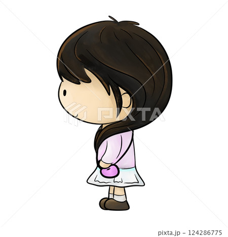 Little girl in long hair and skirt side view color illustration 124286775