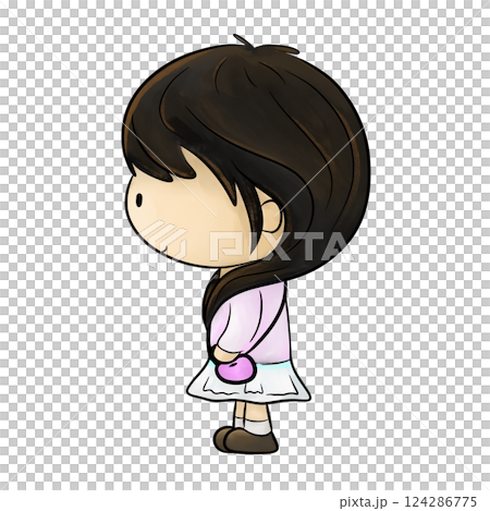 Little girl in long hair and skirt side view color illustration 124286775