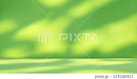 Green Bg Kitchen Background Floor Backdrop Empty Counter Podium Environment Shadow Leaves Plant Minimal Desk Studio Room Wall Pattern Abstract 3d Summer spring Table Space Marble Mockup Presentation. 124286921
