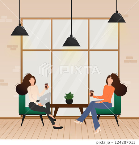 Flat vector illustration. Cozy room interior. Interior design. Cartoon people vector illustration. Flat vector illustration. Cozy room interior. Interior design. Cartoon people vector illustration. 124287013