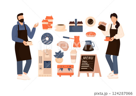Flat character coffee shop barista. Vector illustration flat design. Vector infographic illustration. Cartoon male barista or waiter standing near menu board. 124287066
