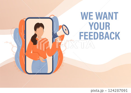 Template with we want your feedback man holding megaphone on red background for flyer design. Vector illustration in flat style. Template with we want your feedback man holding megaphone on red background for flyer design. Vector illustration in flat style. 124287091