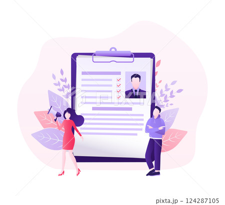 Resume people in flat style. Mobile app application. Flat isometric vector illustration. Laptop screen. Vector data. Resume people in flat style. Mobile app application. Flat isometric vector illustration. Laptop screen. Vector data. 124287105